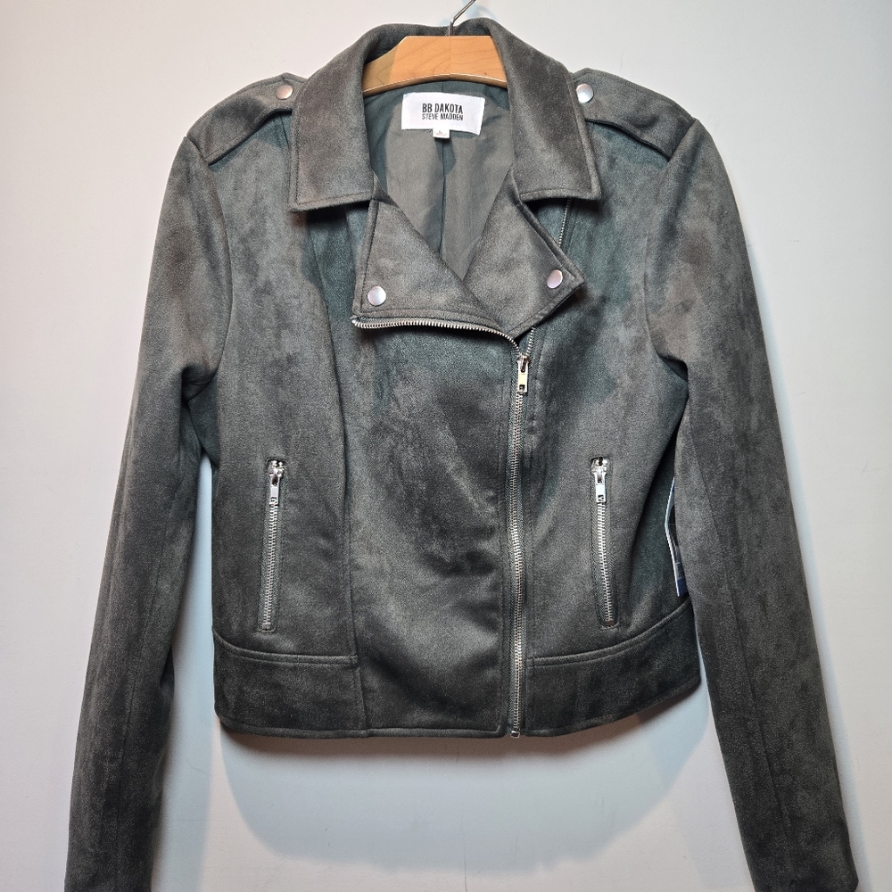 BB Dakota Steve Madden Vegan Suede Moto Jacket Women's Large Sage Green NWT